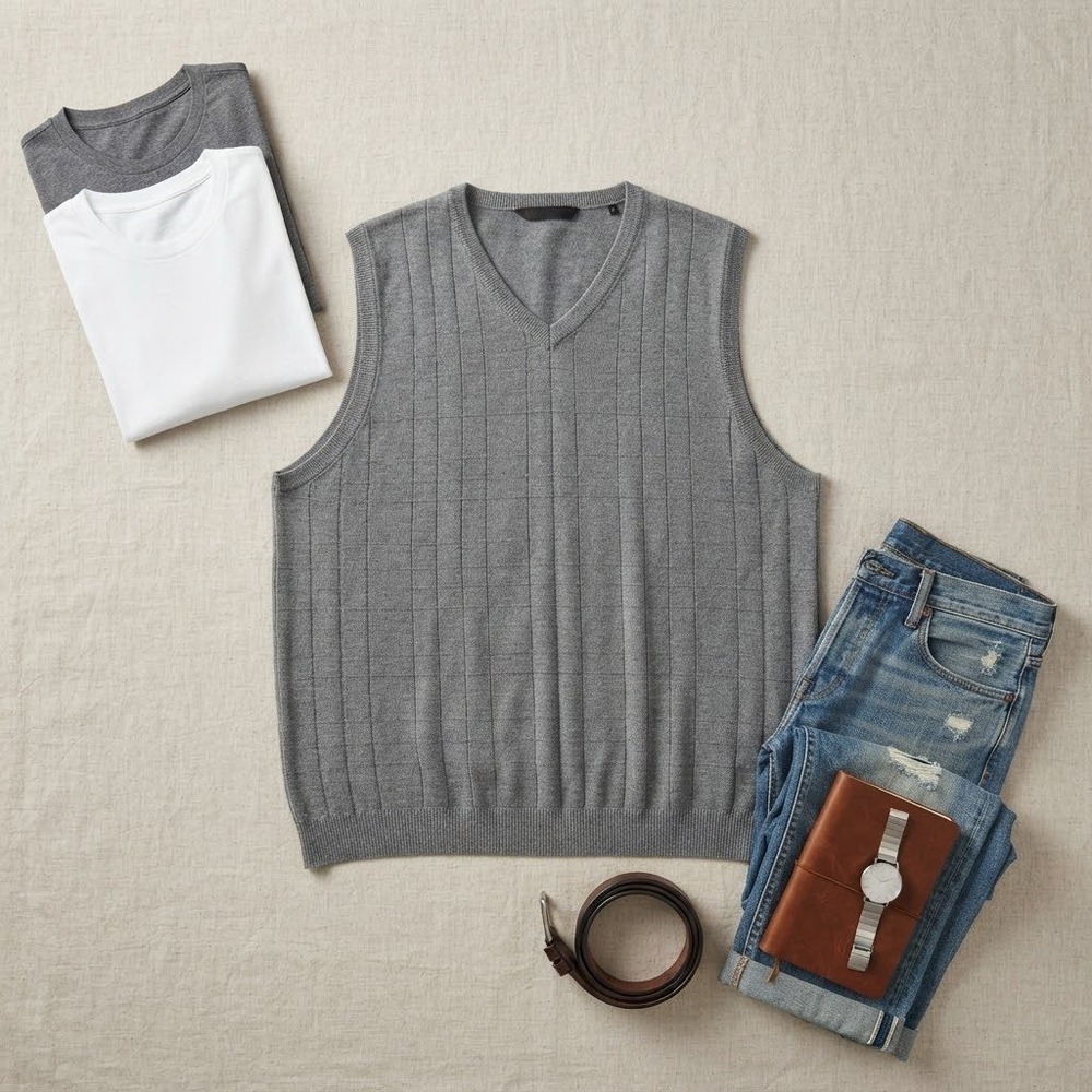 Bachrach Sweater Vest Mens L Grey 100% Silk V-Neck Textured Grid Preppy Quiet